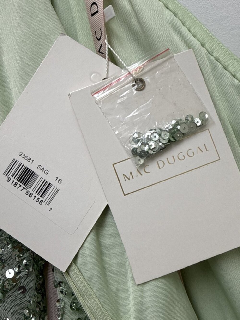 Mac Duggal Size 16 Sage Green 93681 Gown Sequined Butterfly Sleeve Cocktail NWT - Picture 11 of 12